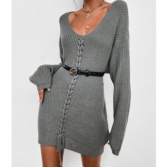 🐑 GREY BRAIDED KNIT V NECK SWEATER DRESS! - Picture 4 of 12
